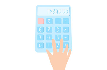 Hand’s pressing calculator key numbers vector, flat design of minimal calculator vector, isolated calculator vector on white background, account and finance tools vector, financial business tools.