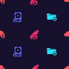 Poster - set folder and lock, hard disk drive, usb flash with and cloud computing on seamless pattern. vector