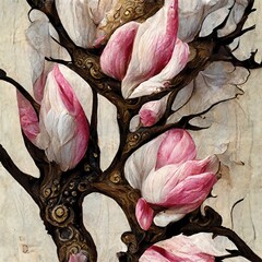 Wall Mural - Digital illustration of fantasy magnolia twig with pink flowers, printable wall art, floral background or pattern