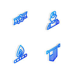 Sticker - Set Isometric line Sheriff cowboy, Star American military, Campfire and flag icon. Vector