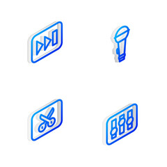 Sticker - Set Isometric line Microphone, Fast forward, Music video editing and Sound mixer controller icon. Vector