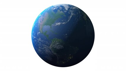 Wall Mural - Seamless loop animation of rotating realistic planet Earth with day and night hemispheres on a white background