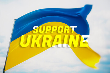 Wall Mural - Support Ukraine text flag theme. Waving national flag of Ukraine. Waved highly detailed close-up 3D render.