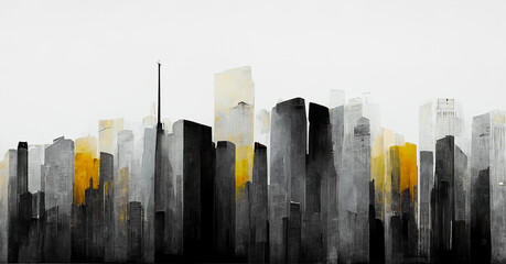 Wall Mural - Spectacular abstract cityscape watercolor painting with black and white color with smog. Digital art 3D illustration.