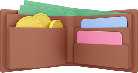 Poster - Open wallet icon with coins, bills and credit cards. PNG transparent background. 3d rendering.