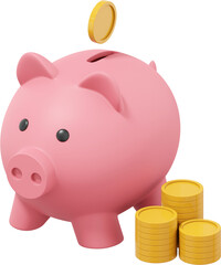 Poster - Pink piggy bank with falling coins, stacks of coins. PNG transparent background. Accumulation of savings icon. 3D rendering.
