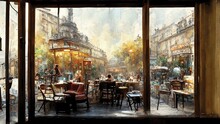 Fantasy Street Cafe Painting. View From The Window. Digital Art, Cityscape Background