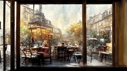 Wall Mural - fantasy street cafe painting. view from the window. digital art, cityscape background