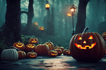 Poster - 3D rendering of many halloween pumpkin background