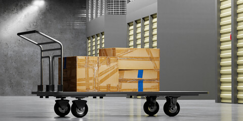 Poster - Cargo trolley. Sweet cart with old boxes. Trolley for transporting goods around warehouse. Concept sale of warehouse equipment. Trolley in storage company interior. Warehouse logistics. 3d image.