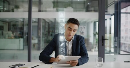 Poster - Digital vr construction plan with tablet, 3d ar data analytics for engineer and typing on personal interface with futuristic technology in work office. Ai metaverse and infographic for design vision