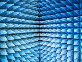 Poster - Blue texture. Geometric pattern. Same type of triangular elements. Stylish background. Triangular texture. Abstract background. Geometric texture with triangles. Blue pyramids go into corner