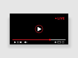 Poster - Live stream video window. Online broadcast channel. PC layout with frame and buttons. Play or audio icons. UI design. Browser multimedia player. Computer screen. Vector interface template