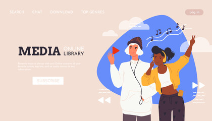 Poster - Listen to music in headphone landing page. Online media library. Website template. People in musically therapy. Happy man and woman. Persons with headset. Vector illustration background
