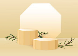 Poster - Podium with leaves, product presentation background, beauty cosmetic display. Minimal scene with 3d pedestal, realistic elements, platform with spotlight, exhibition vector abstract mockup
