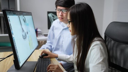 Asian developer using 3d program to design robot arm. They are trying to develop robot arm together. Technology and Development concept.