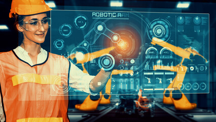 Poster - engineer use cybernated robotic software to control industry robot arm in factory . automation manuf