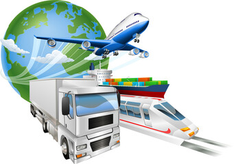 Wall Mural - Global logistics concept airplane truck train ship