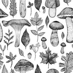 seamless pattern of mushrooms and leaves. autumn background of different mushrooms and falling leave