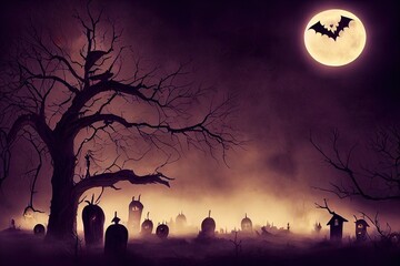 halloween spooky background outside scene. scary graveyard in creepy forest in october dark night au