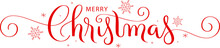 Red MERRY CHRISTMAS Brush Calligraphy Banner With Spirals And Snowflakes On Transparent Background