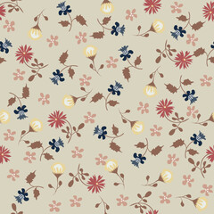 Wall Mural - Stylish vector seamless pattern with small scattered  flowers, brown leaves on warm gray background. Liberty style print. Simple ditsy texture. Modern repeat design for wallpaper, fabric, textile