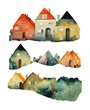 Hand painted watercolor old houses and trees collection. Illustrations isolated on white background.