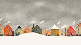 Fototapeta Las - Seamless pattern with endless houses covered with the snow. Painted with watercolor. Christmas illustration.