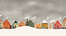 Seamless Pattern With Endless Houses Covered With The Snow. Painted With Watercolor. Christmas Illustration.