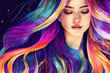 Watercolor illustration Woman girl beautiful color rainbow hair. Stars in your hair
