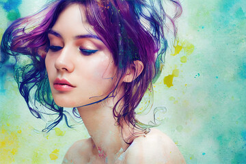 Wall Mural - Fashion Woman girl beautiful portrait. color illustration. Watercolor abstract woman face