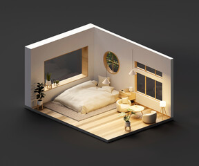 Poster - Isometric view bed room muji style open inside interior architecture, 3d rendering digital art.