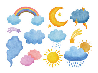 watercolor weather rainbow, rain clouds, sun, moon, star, lightening, wind illustration