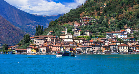 Wall Mural - italian lakes scenery. Magic Iseo lake . beautiful Monte Isola island and Peschiera Maraglio village. Italy, Brescia province