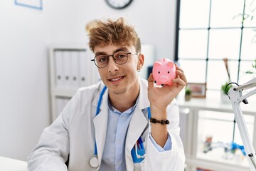 Wall Mural - Young caucasian doctor man wearing doctor uniform holding piggy bank at the clinic looking positive and happy standing and smiling with a confident smile showing teeth