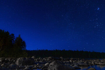 Wall Mural - night landscape with a starry sky over sea water with stones and forest. astrophotography with many 