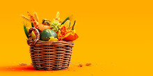 Autumn Fruits And Vegetables In Wooden Basket On Vibrant Yellow Background 3D Rendering, 3D Illustration