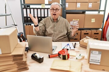 Wall Mural - Senior caucasian man working at small business ecommerce holding shopping cart celebrating victory with happy smile and winner expression with raised hands