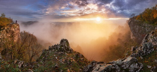 Wall Mural - beautiful autumn morning on the view point above the deep forest valley in carpathian, slovakia