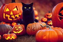 A Computer Generated Illustration Of A Black Cat Sitting Amongst Halloween Pumpkins Looking At The Camera. A..I Generated Art.
