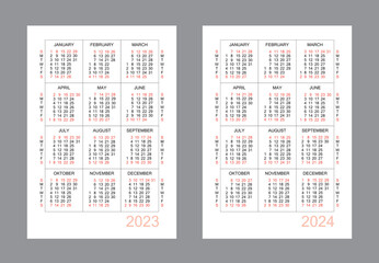 Vertical calendar for 2 years - 2023, 2024. Simple calendar grid isolated on a white background, Sunday to Monday, business template. Yearly calendar ready for print. Vector illustration.