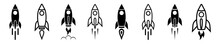 Set Of Rocket Vector Icons. Launch Spaceship Or Spacecraft. Rocket Fast Flying For Space. New Business Start Up. 