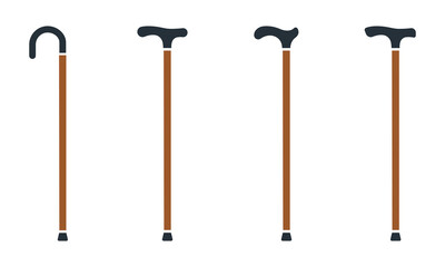 Wall Mural - Set of walking cane vector icons. Wooden stick on white background. Cane for elderly, old, aged and disabled person. Vector 10 EPS.