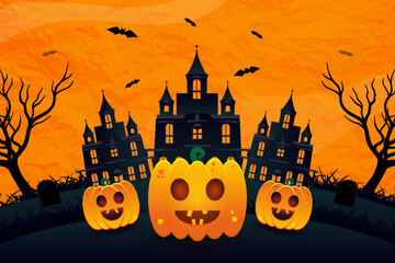 Fototapete - Halloween Spooky Night time Scene Horizontal Background with pumpkin