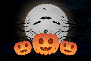 Fototapete - Halloween Backdrop Graveyard and Spooky Night with pumpkin