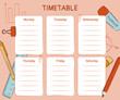 Weekly class timetable template for study or work with subjects for study - stationery. Vector illustration