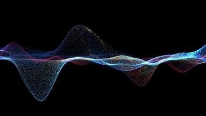 Poster - 4k 60 fps. Dots wave. Abstract background. Neon light. Particle effects. Isolated on black backdrop. Motion design. Seamless loop. Big data concept. Blue color 