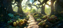 Old Oak Forest Trail Lush Vegetation Gentle Rays Of Sun Digital Art Illustration Painting Hyper Realistic