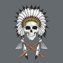 Native American Indian Skull And Crossed Tomahawks Isolated, Vector Illustration