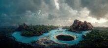 The Oasis In The Middle Of The Jungle Is Surrounded By Mountains. 3D Rendering
